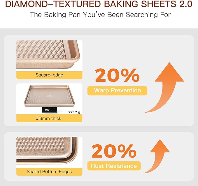HONGBAKE 3 Pack Gold Nonstick Baking Sheet Pan Set with Oven Mitts Heat Resistant, Non-Toxic Half/Quarter/Jelly Roll Pans with Diamond Texture Pattern, Heavy Duty 0.8mm Thick Cookie Trays for Cooking - Image 3