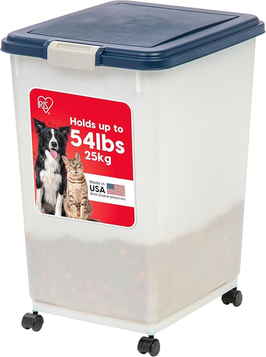 IRIS USA Dog Food Storage Container, Up to 54 Pounds, Attachable Wheels, For Dog Cat Bird and Other Pet Food Storage Bin, Keep Fresh, Easy Mobility - Made in USA, Navy/Pearl by IRISUSA