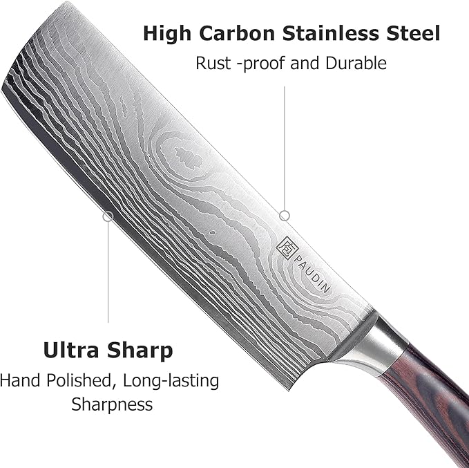 PAUDIN Nakiri Knife - 7" Razor Sharp Meat Cleaver and Vegetable Kitchen Knife, High Carbon Stainless Steel, Multipurpose Asian Chef Knife for Home and Kitchen with Ergonomic Handle - Image 5