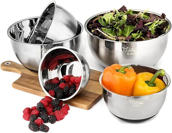 Wildone Mixing Bowls with Airtight Lids, Stainless Steel Nesting Mixing Bowls Set of 5, with Non-slip Silicone Bottoms, Size 8, 5, 3, 2, 1.5 QT, Stackable Design, Great for Mixing and Prepping - Image 5