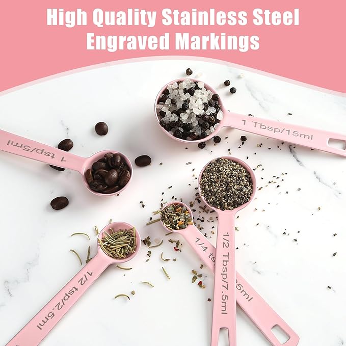 Stainless Steel Measuring Spoons Set of 5, Metal Measuring Cups and Spoons Set for Liquid/Food/Kitchen/Baking (Pink) - Image 2