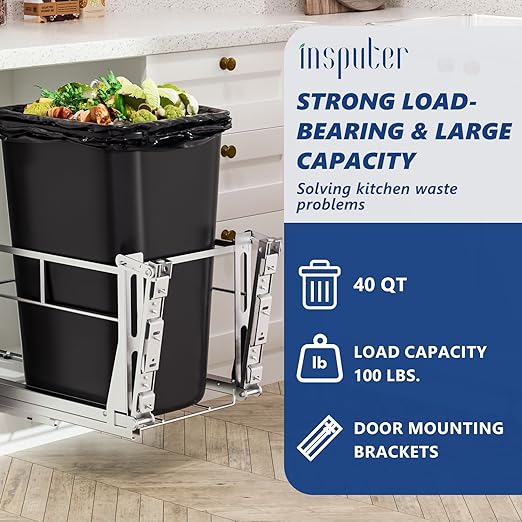 Insputer Pull Out Trash Can Under Cabinet with Tiltable 10° & 10 Gal Garbage bin, Under Sink Trash Can Kit for Kitchen, Easy to Take Out Bin, Requires Minimum Cabinets Opening 12" W X 18" D