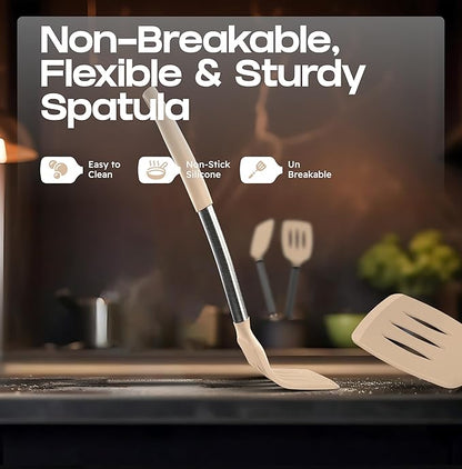 BakeRoyal Silicone Spatula Set - Turner Spatulas Silicone Heat Resistant 600°F - Slotted & Solid Silicone Spatulas for Cooking Fish, Eggs, Pancakes Flipper – Silicone Cooking Utensils Set – Beige - Image 6