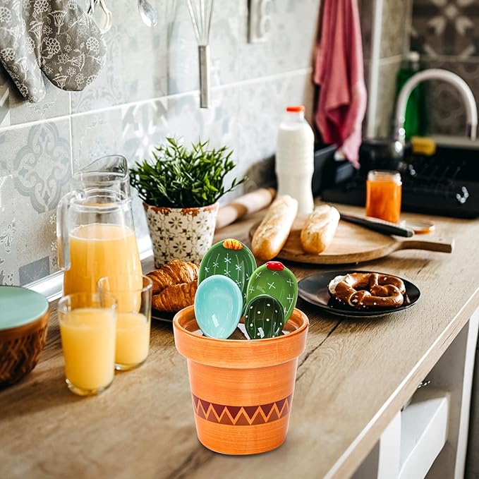 Coloch 5Pcs Ceramic Measuring Spoons in Pot, Cactus Shape Baking Measuring Spoons and Cup Decorative Cactus Figurine Measuring Spoon Set for Baking, Milk, Sugar, Salt - Image 7