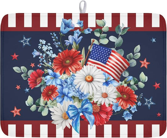 4th of July Dish Drying Mat for Kitchen Counter Patriotic Red Blue and White Floral American Flag Microfiber Dish Drainer Mat Absorbent Washable Drying Pad Extra Large 18"x24"