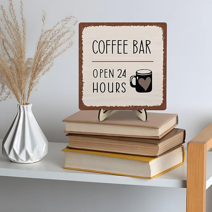 Coffee Bar Sign Plaque Decor,Coffee Bar Accessories,Rustic Wooden Tabletop Plaque with Stand, Minimalist Farmhouse Kitchen Counter Sign,Cute Mini Café Bar Decor Gift 5.9x5.9Inch - Image 8