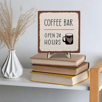 Coffee Bar Sign Plaque Decor,Coffee Bar Accessories,Rustic Wooden Tabletop Plaque with Stand, Minimalist Farmhouse Kitchen Counter Sign,Cute Mini Café Bar Decor Gift 5.9x5.9Inch - Image 8