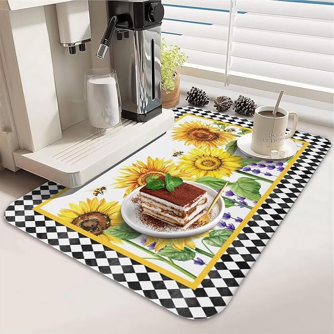 Dish Drying Mat for Kitchen Counter 2 Pack with Non-Slip Rubber Backing - Heat-Resistant Absorbent Coffee Bar Mat, Dish Rack Mat, Sunflower Dish Drying Mats 18x24+19.5x12 inch