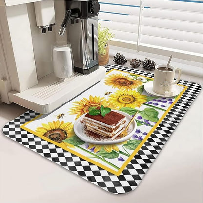 Dish Drying Mat for Kitchen Counter 2 Pack with Non-Slip Rubber Backing - Heat-Resistant Absorbent Coffee Bar Mat, Dish Rack Mat, Sunflower Dish Drying Mats 18x24+19.5x12 inch