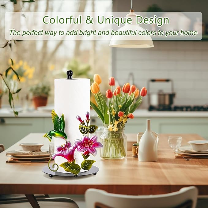 Flower & Hummingbird Decor Paper Towel Roll Holder Countertop - Farmhouse Kitchen Decor and Accessories, Hummingbird Housewarming Gifts for Women Mom Grandma, 3D Handmade Pattern, Weighted Base - Image 6