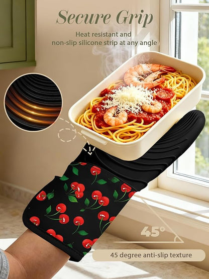 Slohif Long Silicone Oven Mitts Heat Resistant for Women - 2 Pcs Y2K Cherry 100% Cotton Oven Gloves, Non-Slip and Waterproof Silicone Oven Mitts with Hanger for Baking and Cooking
