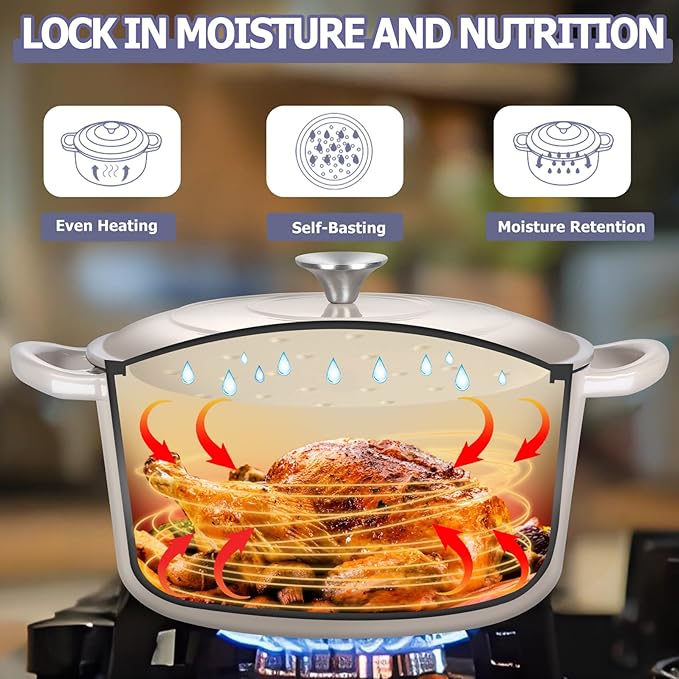 TeamFar Dutch Oven, 6QT Enameled Cast Iron Dutch Oven Cooking Pot with Lid & Dual Handles, for Bread Baking Braising Stewing, Heavy Duty & Non Stick, Oven & All Stovetops Safe - Khaki - Image 6