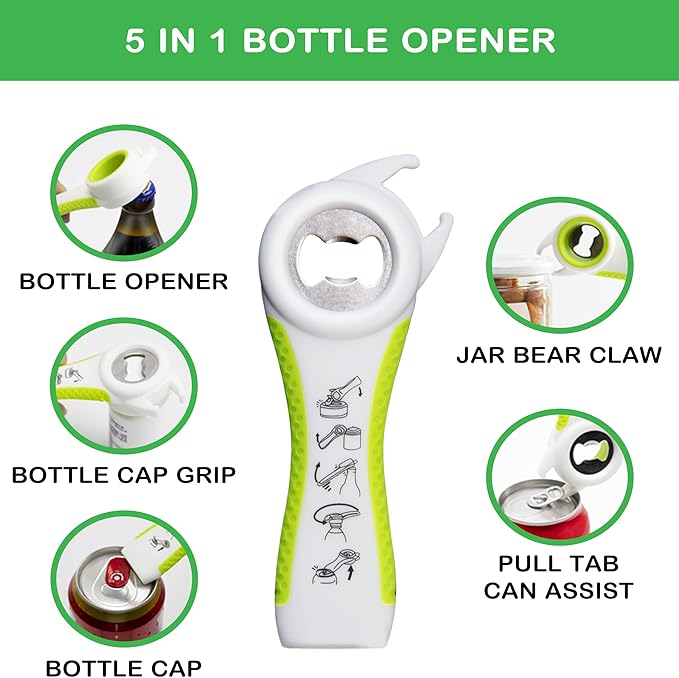 Jar Opener for Weak Hands, Seniors with Arthritis, 5 in 1 Multi Function Bottle Opener Lid Opener For Arthritic Hands with Non Slip Rubber Jar opener Gripper Pad(green) - Image 4