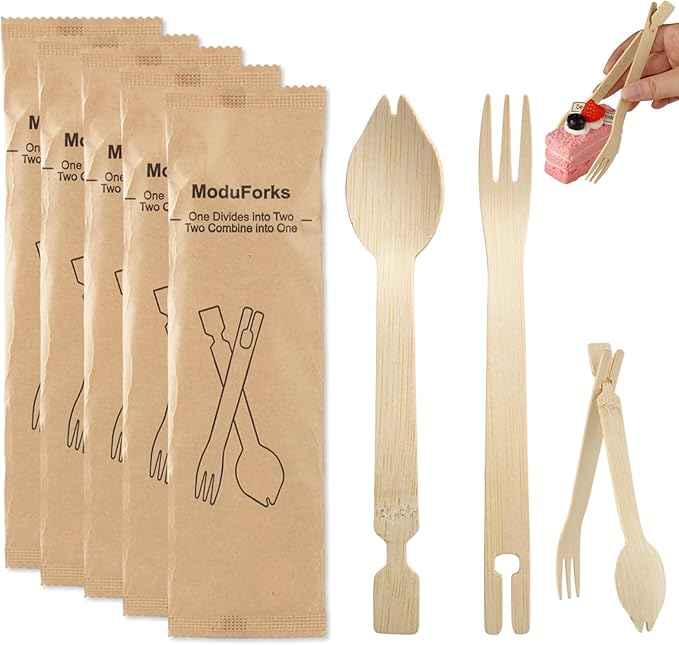 Bamboo Forks Set, 30 Sets Disposable Cutlery (30 Biodegradable Forks, 30 Compostable Spoons), Detachable 3 in 1 Bamboo Spoons and Forks, Multi-functional Chopstick Tongs