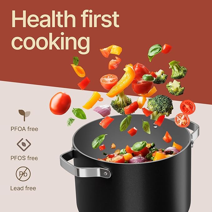 Bakken 5 Quart Ceramic Coated Stock Pot with Lid, Easy to Clean Nonstick Pot, Tempered Glass Lid, Riveted Stainless Steel Handles, Oven Safe Up To 500°F, PTFE & PFAS Free, All Stove Compatible, Black - Image 6