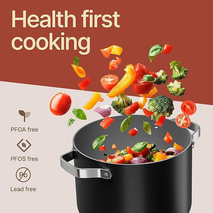 Bakken 5 Quart Ceramic Coated Stock Pot with Lid, Easy to Clean Nonstick Pot, Tempered Glass Lid, Riveted Stainless Steel Handles, Oven Safe Up To 500°F, PTFE & PFAS Free, All Stove Compatible, Black - Image 6