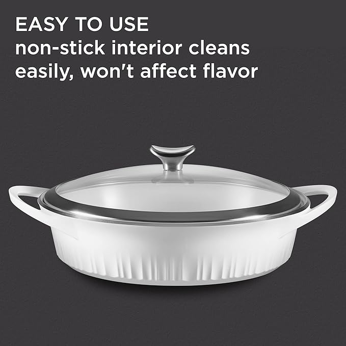 CorningWare QuickHeat 4-QT Cast Aluminum Braiser With Lid, Nonstick Ceramic Interior, Lightweight and Fast Even Heat Baking & Cooking, For Meats, Soup, Browning, Searing, French White