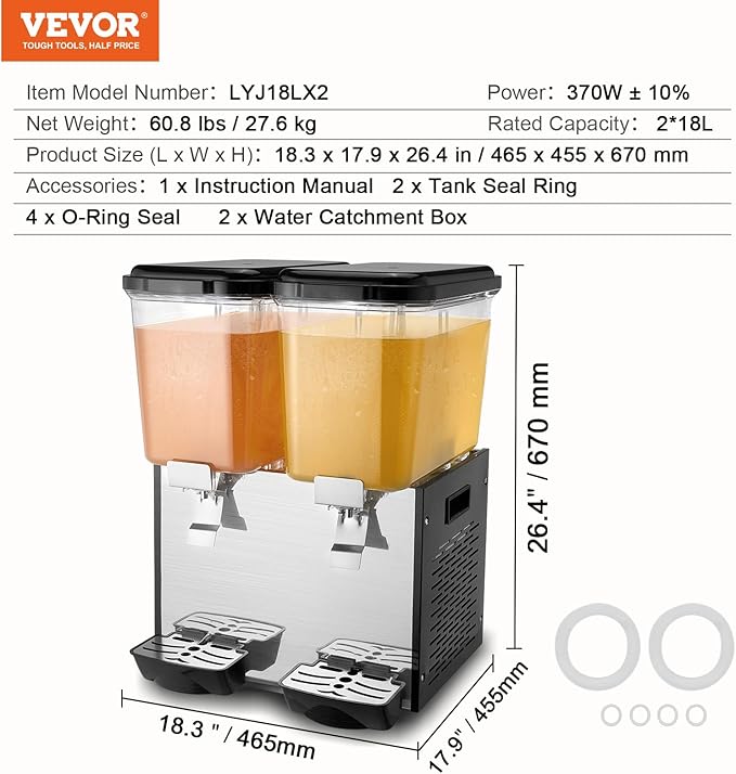 VEVOR Commercial Beverage Dispenser, 2 Tanks 18 L / 19 QT Per Tank Juice Dispenser, 370W Stainless Steel Ice Tea Drink Machine with 45°F-54°F Cooling Temperature, for Cold Drink Restaurant Bar Party - Image 7