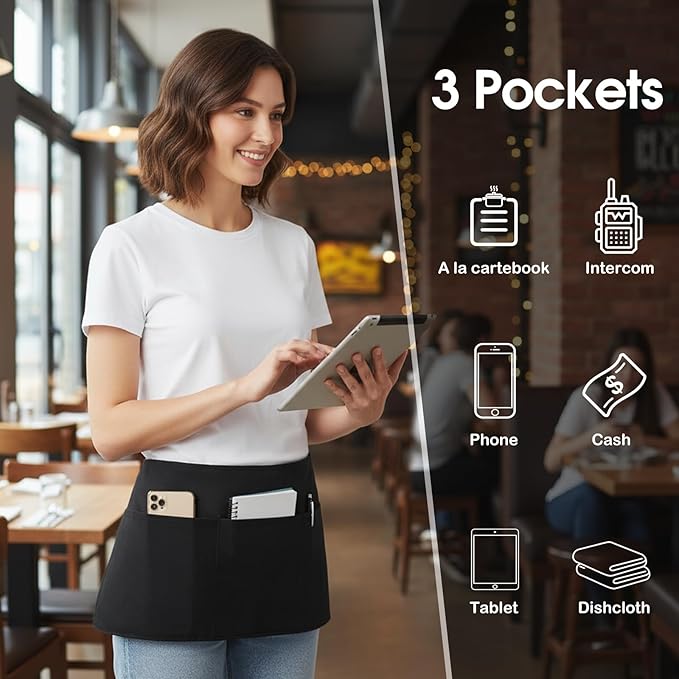 BOHARERS 3-Pocket Waist Apron With American Flag Print Straps - Black Waitress Waiter Server Short Aprons - Image 4
