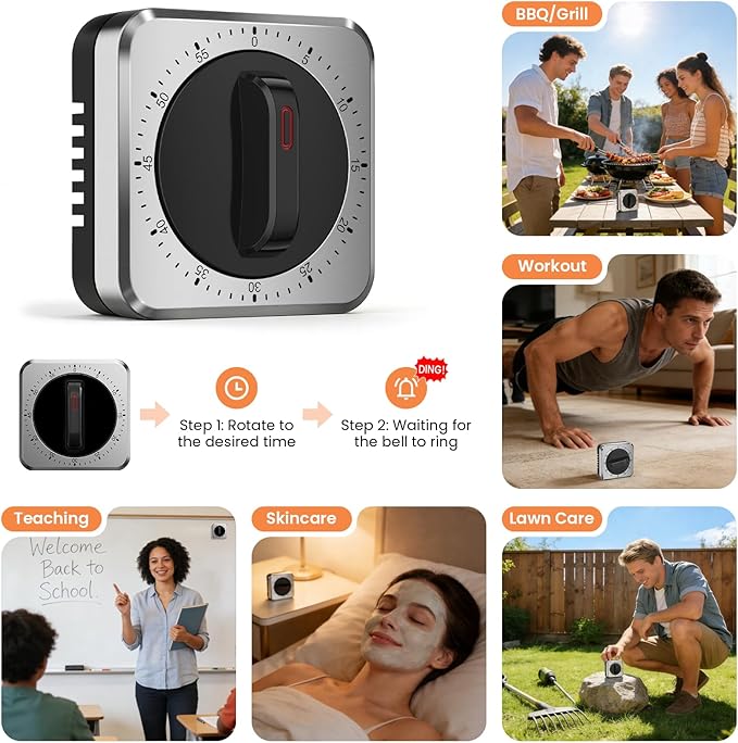 Mechanical Kitchen Timer with Magnet: Wind Up Cooking Timer Clock with Loud Alarm, Kitchen Timers for Cooking, No Battery Manual Food Timer for Baking, BBQ, Seniors & Daily Reminders - Image 7