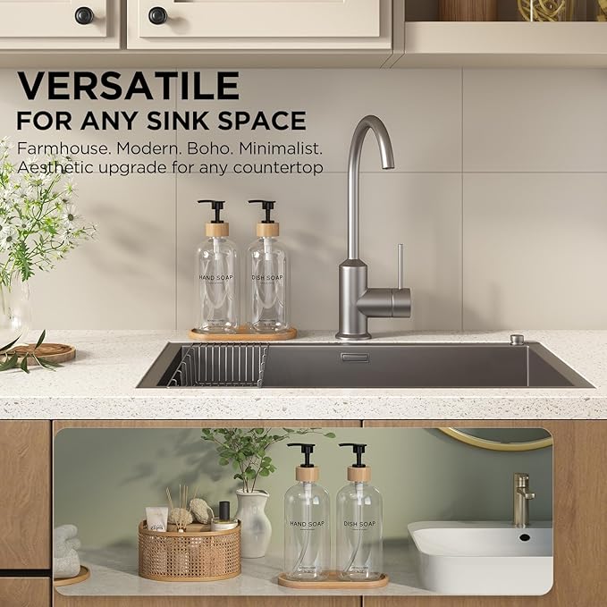 Hand and Dish Soap Dispenser Set,16oz Glass Bottles with Printed Labels, Bamboo Tray & Pump,Countertop Soap Dispensers for Kitchen,Luxury, Minimalist & Farmhouse Decor (Hand Dish (Transparent)) - Image 3