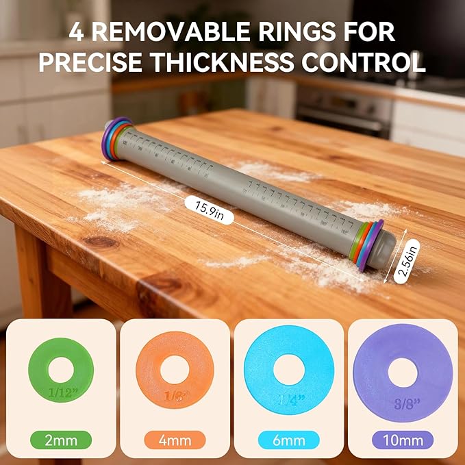 Adjustable Rolling Pin with Thickness Rings, 12.8" Silicone Non Stick Dough Roller for Pizza, Pastry, Fondant, Pie Crust, Baking Tool with Stainless Steel Core, Easy Clean