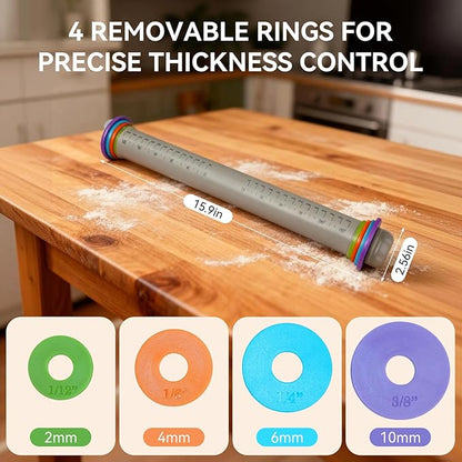 Adjustable Rolling Pin with Thickness Rings, 12.8" Silicone Non Stick Dough Roller for Pizza, Pastry, Fondant, Pie Crust, Baking Tool with Stainless Steel Core, Easy Clean