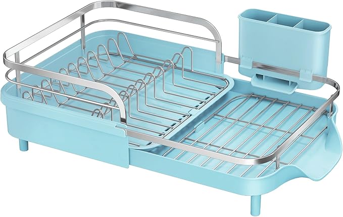 SAYZH Dish Drying Rack - Expandable Dish Rack for Kitchen Counter, Rust-Resistant Dish Drainer with Utensil Holder and Raised Guardrail, Kitchen Organizer for Cup and Bottle (Blue) by SAYZH