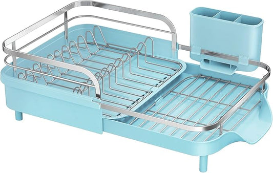 SAYZH Dish Drying Rack - Expandable Dish Rack for Kitchen Counter, Rust-Resistant Dish Drainer with Utensil Holder and Raised Guardrail, Kitchen Organizer for Cup and Bottle (Blue) by SAYZH