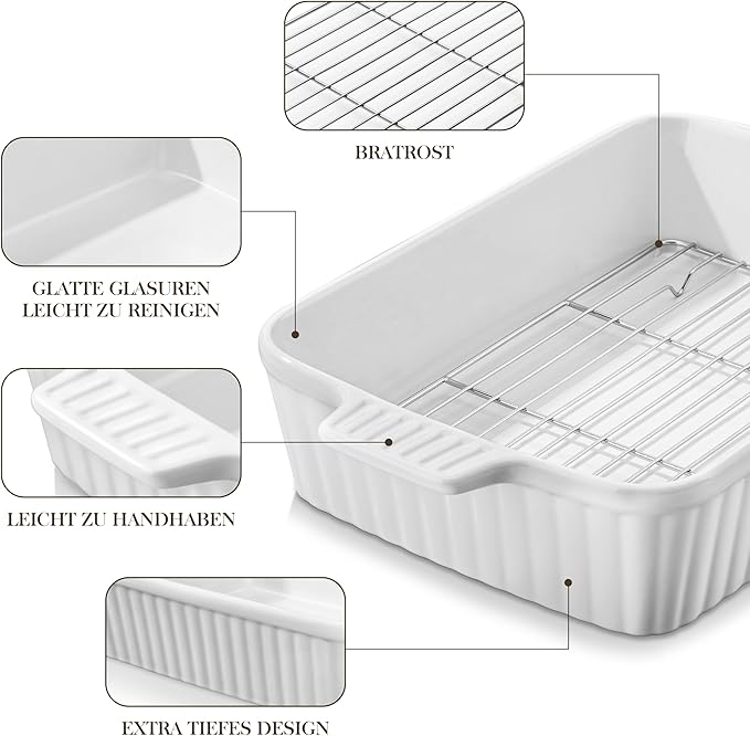MALACASA 4.4 QT Baking Dish with Rack, 9x13 Large Casserole Dish for Oven, Ceramic Baking Pan with Rack, Rectangular Lasagna Pan Deep with Handles for Baking, Durable Microwave Oven Safe, White - Image 5