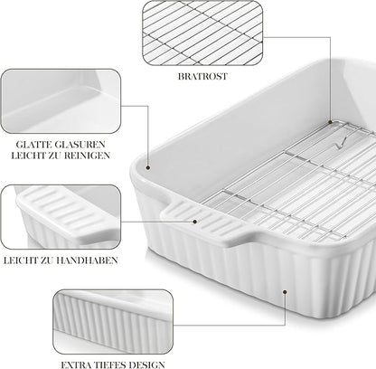 MALACASA 4.4 QT Baking Dish with Rack, 9x13 Large Casserole Dish for Oven, Ceramic Baking Pan with Rack, Rectangular Lasagna Pan Deep with Handles for Baking, Durable Microwave Oven Safe, White - Image 5