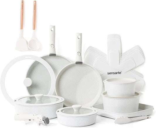 SENSARTE 24 Piece Pots and Pans Set, Nonstick Detachable Handle Cookware, Induction Kitchen Cookware Set with Removable Handle, Healthy Non Stick for RV, Dishwasher ＆ Oven Safe (White)
