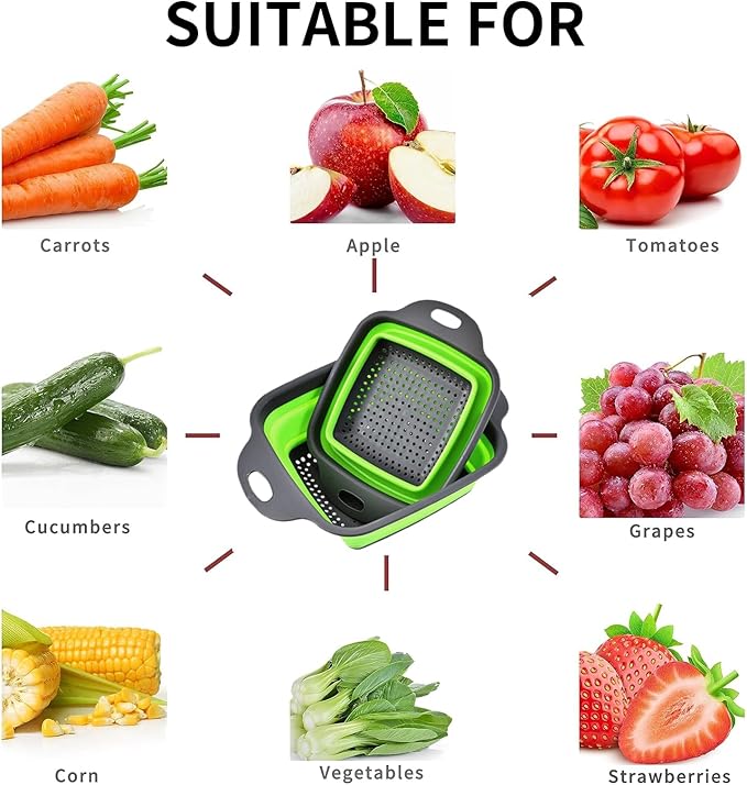 2 PCS Collapsible Colander, Collapsible Strainers for Kitchen, 11.5 inch Silicone Strainer and 9.5 inch Silicone Colander for Draining Vegetable fruit, Kitchen Food Strainer, Blue (Green) - Image 6