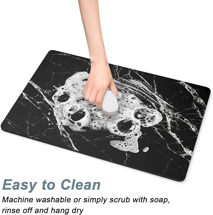 Rnivvi Coffee Mat, 16" x 24" Cute Marble Style Coffee Bar Mats for Espresso Machine Station Accessories and Organizer, Hide Stain Rubber Backed Absorbent Dish Drying Pad for Kitchen Counter, Black - Image 5