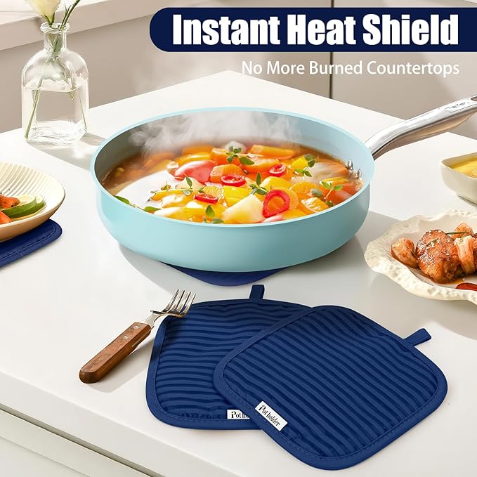 Oven Mitts and Pot Holder Sets with Silicone Grip, 500°F Heat Resistant-6 Pack Dishcloth/Dish Towels for Kitchen 100% Cotton-Value Kitchen Essentials for Cooking, Baking, Grilling-Marine Blue - Image 7