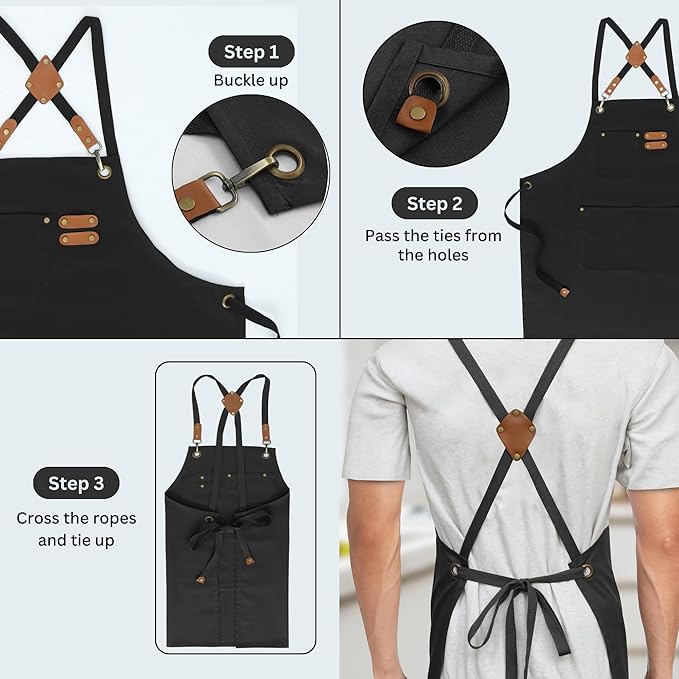 RUVANTI Work Aprons for Men, Oil & Water Repellent, PolyCotton Cross Back Aprons for Women with Pockets, Adjustable up to XXL, Chef Aprons for Cooking, Grilling, Welding, Woodworking - Black Aprons
