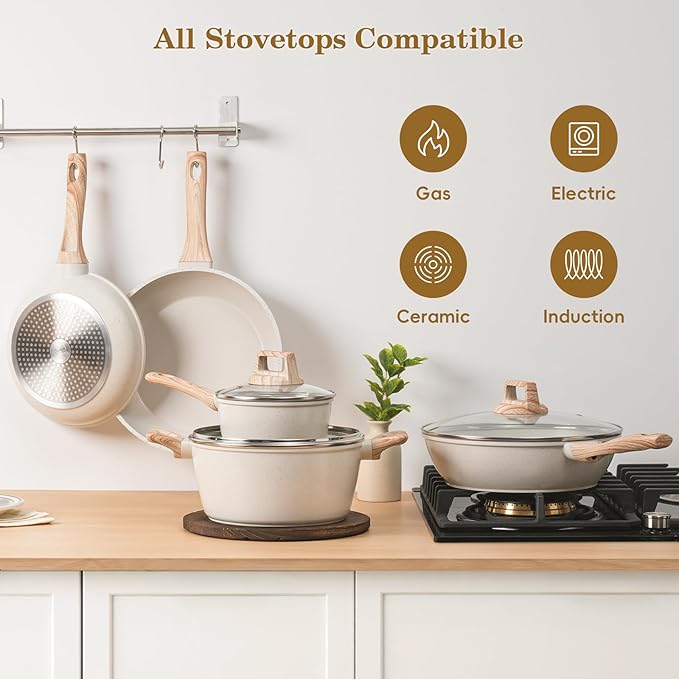 SODAY 12 Pcs Pots and Pans Set Non Stick, Cookware Sets White Granite Induction Cookware, Non-toxic Healthy Nonstick Kitchen Cooking Set with Frying Pan Set, Saucepans (PFAS/PFOA/PFOS Free) - Image 7