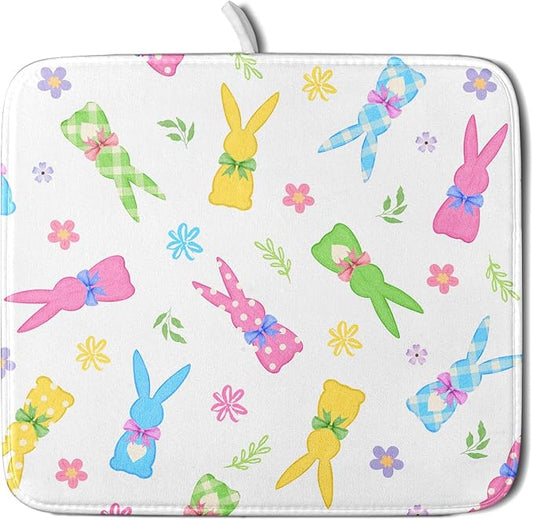 Easter Dish Drying Mat for Kitchen Counter Cute Bunny Floral Holiday Microfiber Absorbent Dish Draining Reusable Washable Foldable 16"x18" by Unknown