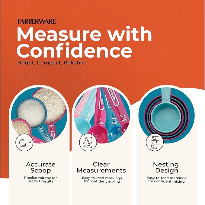 Farberware Kitchen Basics Measuring Cup & Spoon Set, 9-Piece Colorful Nesting Design with Easy-to-Read Markings - Stackable Cooking & Baking Tools with Ring Organizer, Dishwasher Safe Plastic - Image 2