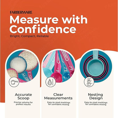 Farberware Kitchen Basics Measuring Cup & Spoon Set, 9-Piece Colorful Nesting Design with Easy-to-Read Markings - Stackable Cooking & Baking Tools with Ring Organizer, Dishwasher Safe Plastic - Image 2