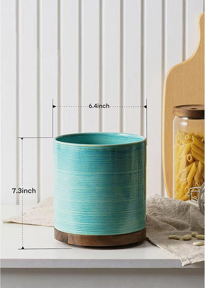 Utensil Holder, 360° Rotating Extra Large Ceramic Kitchen Utensil Holder for Countertop, Cooking Utensil Crocks for Counter with Rotatable Wooden Base, Farmhouse Kitchen Decor, Green - Image 4