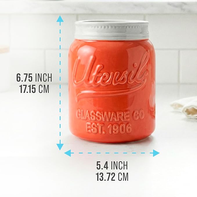 Comfify Wide Mouth Mason Jar Utensil Holder Decorative Kitchenware Organizer Crock, Dishwasher Safe - Kitchen Caddy, Large Size 7" High - Coral - Image 3