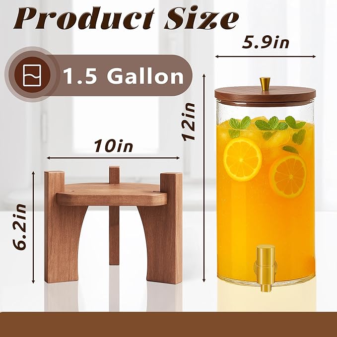 Glass Drink Dispenser,1.5 Gallon Beverage Dispenser with Stand,Lemonade Dispenser with Stainless Steel Faucet,Drink Dispensers for Parties, Bars and Home (Round Stand) - Image 3