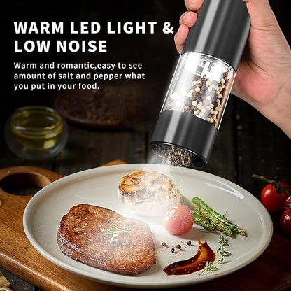 Haomacro Electric Salt and Pepper Grinder Set, Upgraded Larger Capacity Stainless Steel Automatic Salt and Pepper Mill Set Refillable with 5 Adjustable Coarseness Stainless Steel Top button Shaker