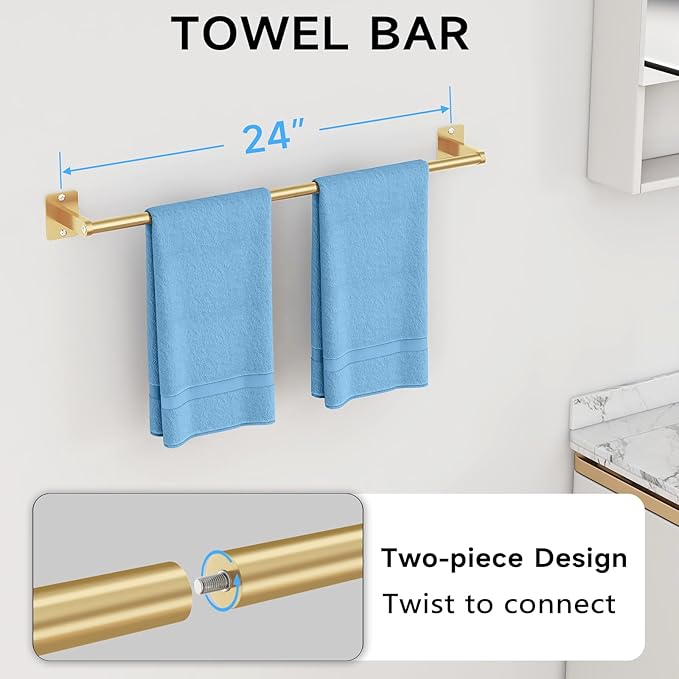 Bathroom Accessories Set, KLJKPA 4 Pieces Gold Bathroom Hardware Set, 24 inch Towel Bar, Towel Racks for Bathroom, Robe Towel Hooks, Toilet Paper Holder Wall Mounted - Image 2