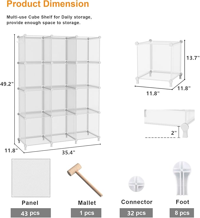 AWTATOS Cube Storage Organizer, Closet Organizers and Storage, 12 Cube Shelves Bookshelf, DIY Stackable Plastic Clothes Organizer Shelving for Bedroom, Home, Transparent Twill - Image 3