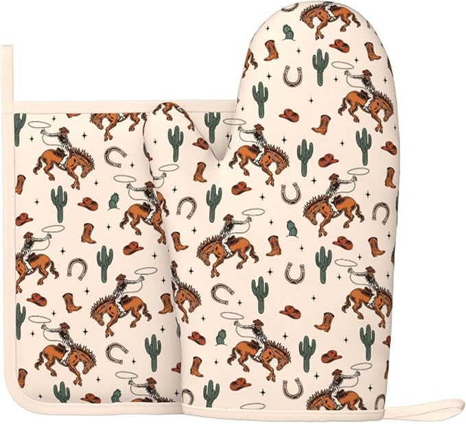 Western Cactus Cowboy Boho Silicone Oven Mitts Pan Mats Set of 2, Heat Resistant Gloves Potholder with Non-Slip Grips Hanging Loops Pot Holder, Spring Summer for Chef Cooking, Baking, Grilling, BBQ