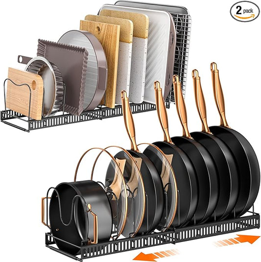 MUDEELA 2 Pack Pots and Pans Organizer Rack for under Cabinet, Expandable Pot Lid Kitchen Cabinet Organizer Holder with 10 Adjustable Compartment Cutting Board Organizer for Pan Lid, Bakeware Sheet by MUDEELA
