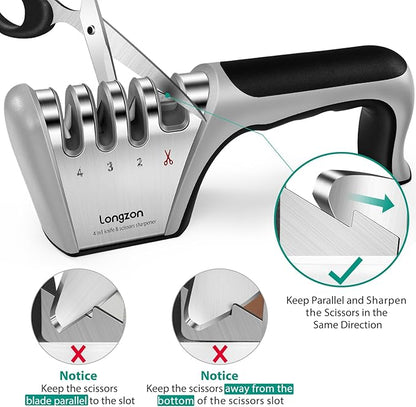 Longzon 5-in-1 Knife Sharpener 4 Stage with Cut-Resistant Glove, Quickly Sharpens & Restores Dull Blades, Easy & Safe for Home Kitchen Use, Fits Most Knives and Scissors, Black+Silver - Image 6