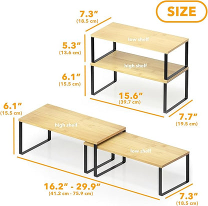 SpaceAid Cabinet Shelf Organizers 2 Pack, Kitchen Counter Rack Shelves Riser, Stackable Expandable Spice Rack, Pantry Cupboard Storage Organization (Black and Natural, Long) - Image 2